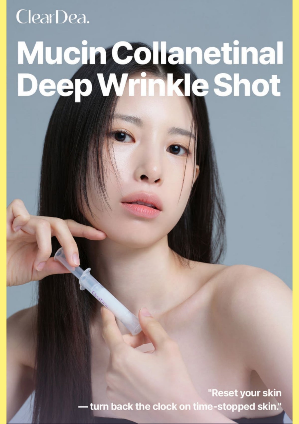 Model holding ClearDea Mucin Collanetinal Deep Wrinkle Shot for targeted anti-ageing care